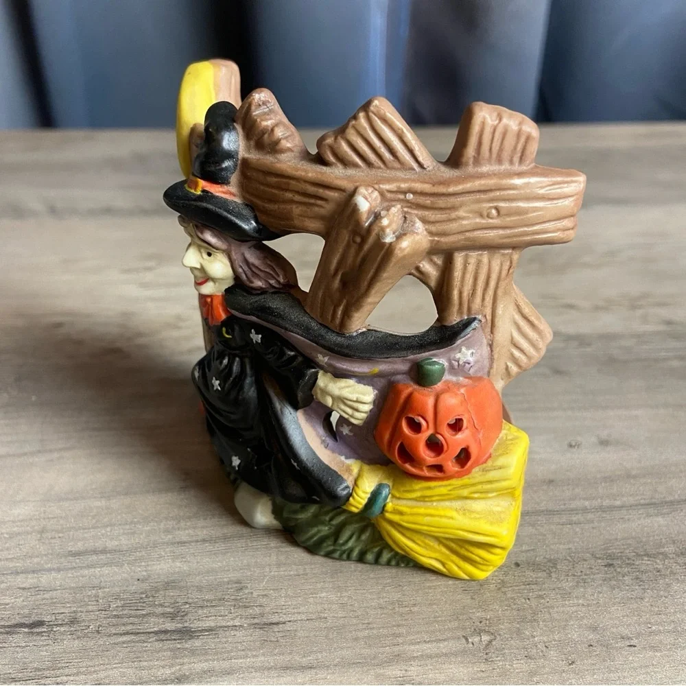 Halloween Fall‎ witch fence flying broom Tealight Holder 4 inch ceramic VTG